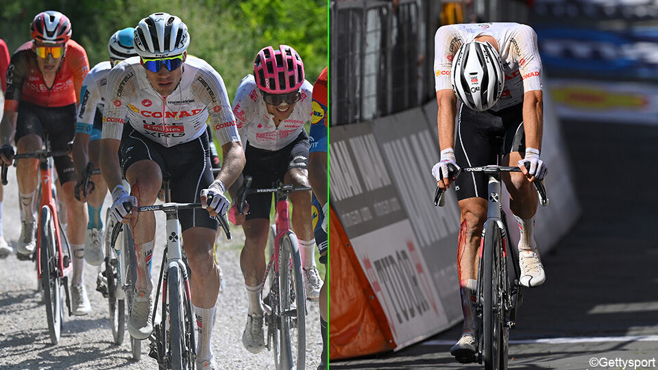 Juan Ayuso kwam gisteren gehavend over de finish.